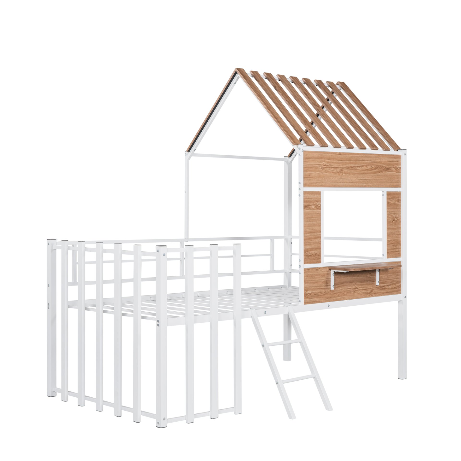 Twin Size Loft Bed With Roof, Window, Guardrail, Ladder - White - Image 5