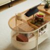 Movable Oval Metal Glass Coffee Table With Storage - White - Image 12