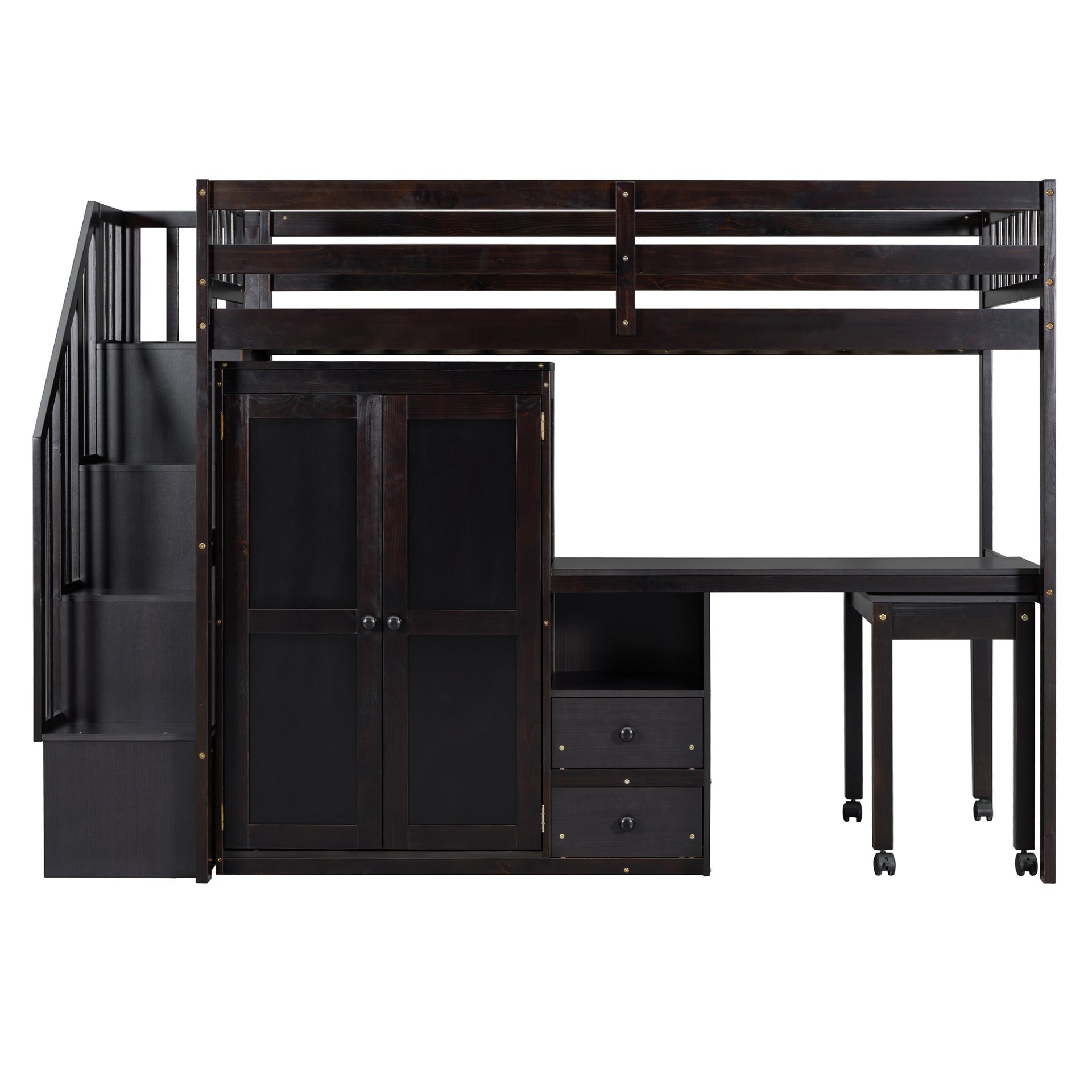 Twin Size Loft Bed With Stairs, Bookshelf, Drawers, Desk & Wardrobe, Space Saving Multifunctional Furniture - Espresso - Image 8