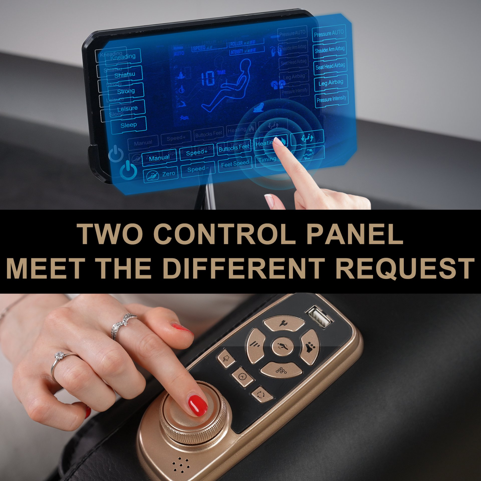 Full Body Massage Chair With Zero Gravity Recliner, With Two Control Panel: Smart Large Screen & Rotary Switch, Spot Kneading And Heating - Black - Image 5