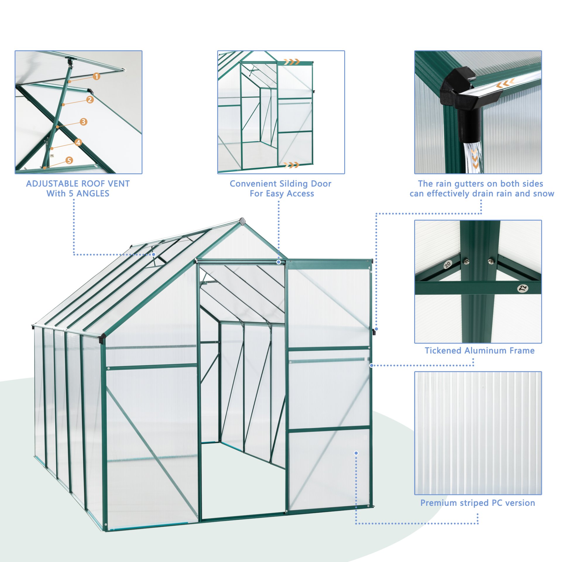 6X10Ft Polycarbonate Greenhouse Raised Base And Anchor Aluminum Heavy Duty Walk-In Greenhouses For Outdoor Backyard In All Season - Green - Image 5