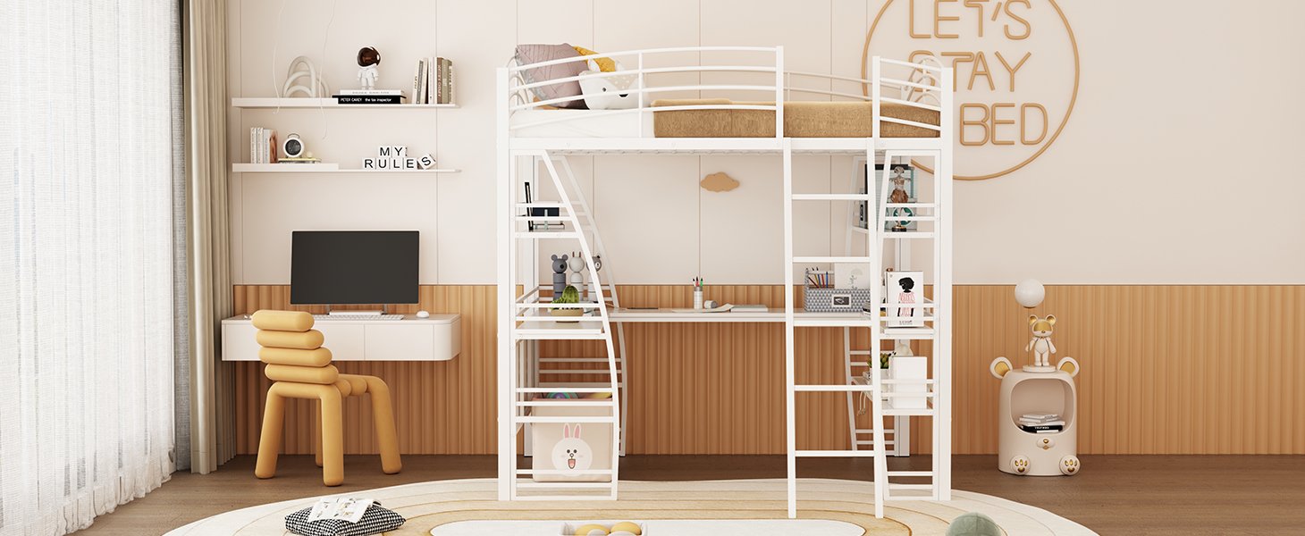 Full Size Loft Bed With 4 Layers Of Shelves And L-Shaped Desk, Stylish Frame With A Set Of Sockets, USB Ports And And Wireless Charging - White - Image 14