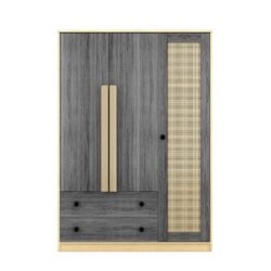 3 Doors Rattan Wardrobe Storage For Bedroom, With 2 Drawers - Gray / Nature