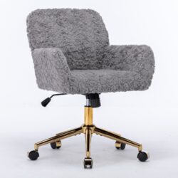 Office Chair, Artificial Rabbit Hair Home Office Chair With Golden Metal Base, Adjustable Desk Chair Swivel Office Chair, Vanity Chair - Gray