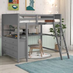 Full Size Loft Bed With Drawers And Desk With Shelves - Gray