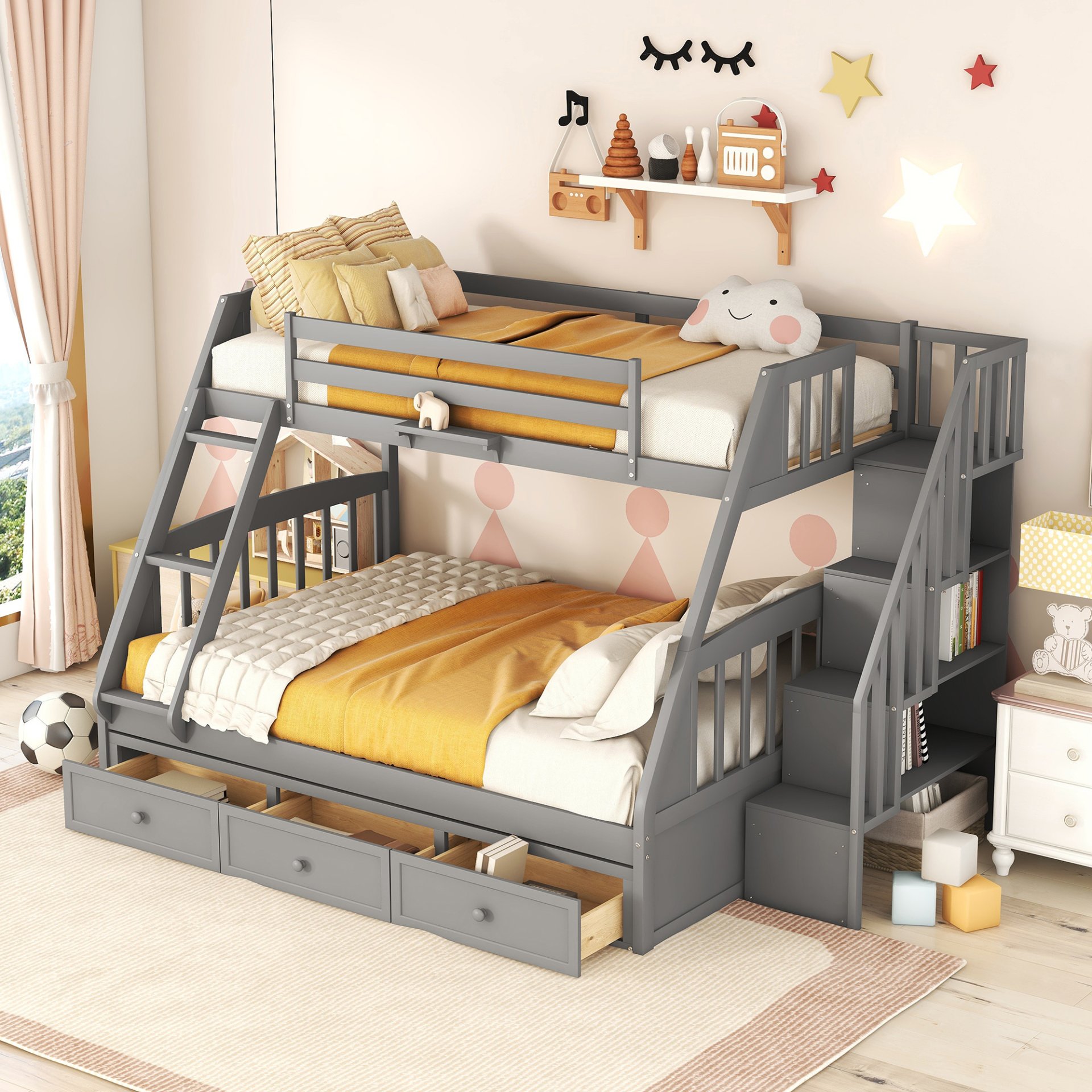 Twin Over Full Bunk Bed With Drawers, Ladder And Storage Staircase - Gray - Image 2