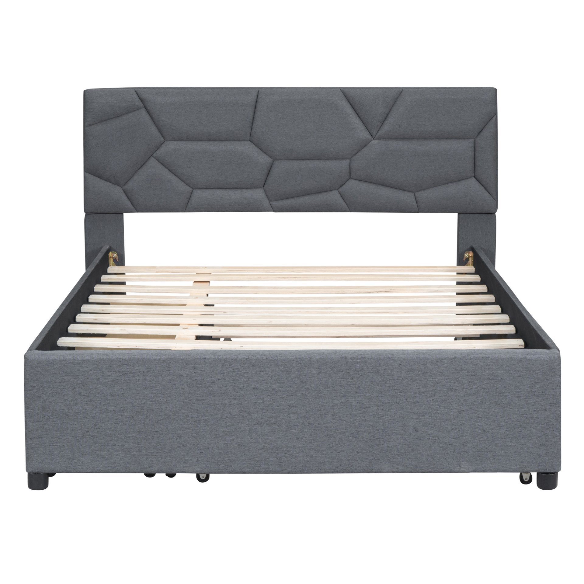 Full Size Upholstered Platform Bed With Brick Pattern Headboard, With Twin Size Trundle And 2 Drawers - Gray - Image 3