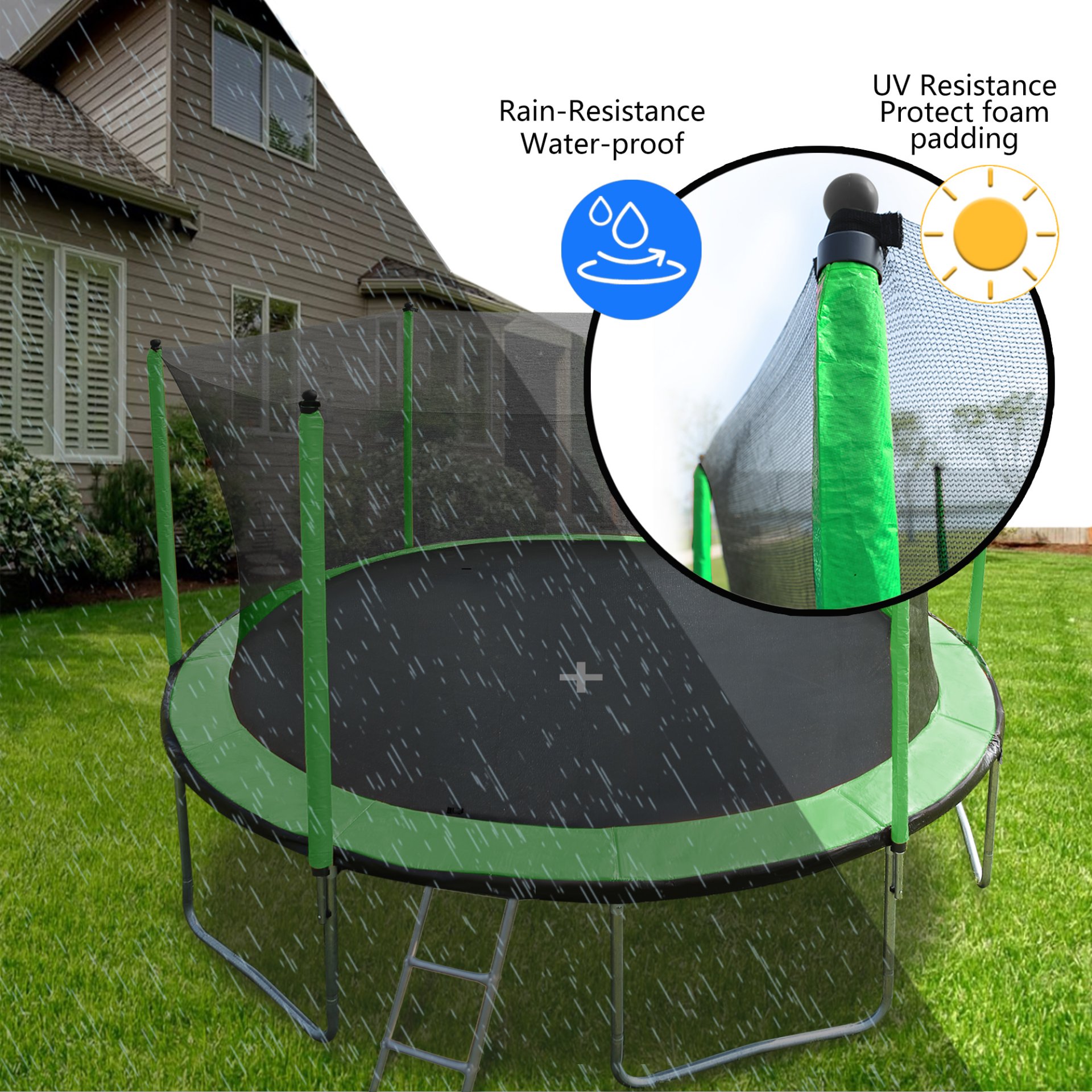 15Ft Trampoline With Basketball Hoop Inflator And Ladder (Inner Safety Enclosure) - Green - Image 5
