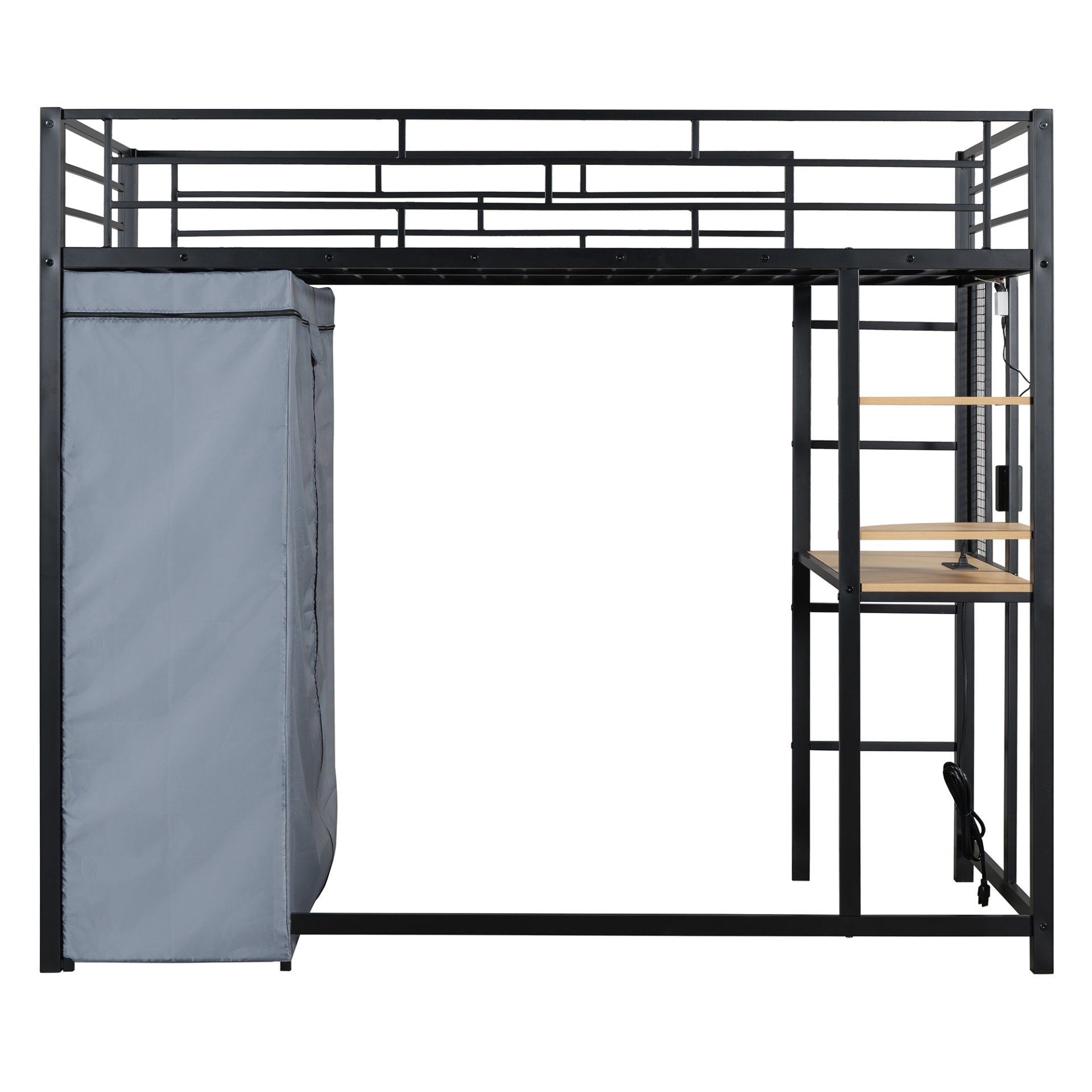 Twin Size Loft Bed With Desk, Shelves, Power Outlet, LED Light And Wardrobe - Black - Image 16
