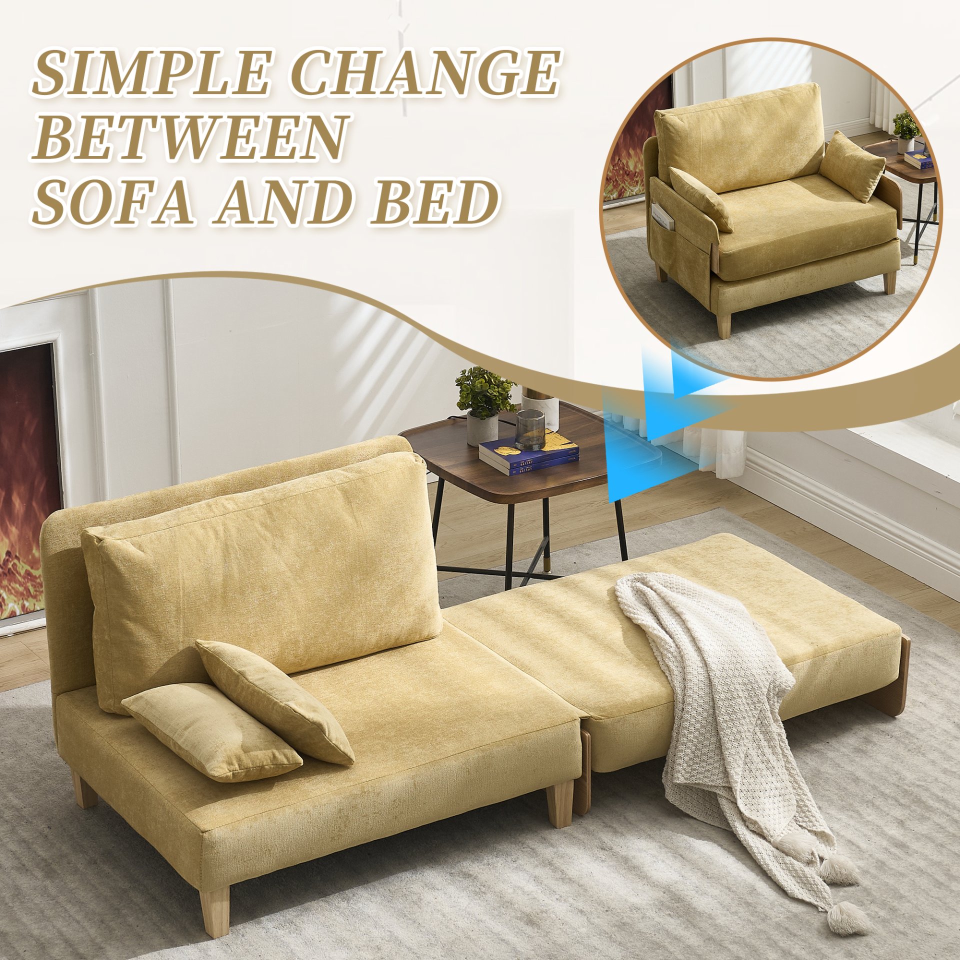 Mid Century Modern Foldable Sofa Bed Recliner, 3 - 1 Convertible Sleeper With 3 Pillows - Mustard Yellow - Image 5