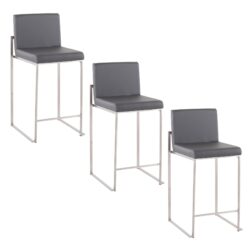 Fuji - Contemporary High Back Counter Stool (Set of 3) - Gray - Faux Leather