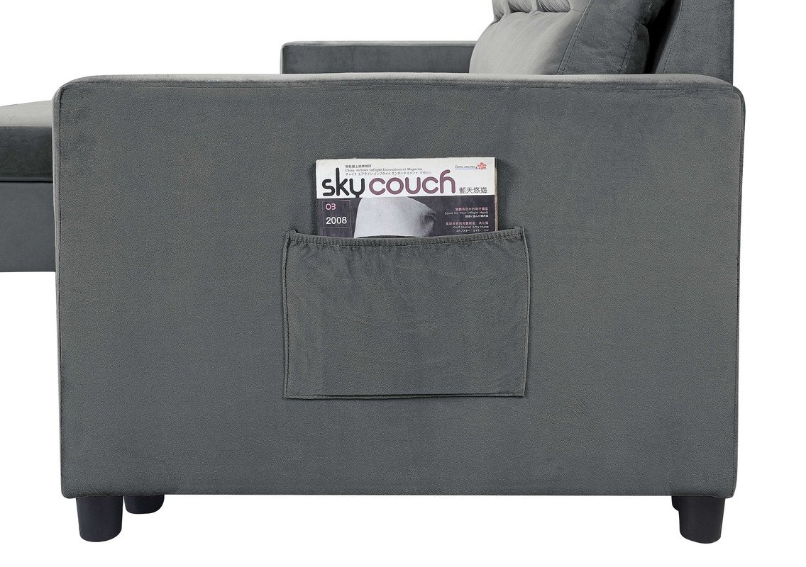 Ivy - Velvet Reversible Sleeper Sectional Sofa With Storage Chaise And Side Pocket - Dark Gray - Image 5