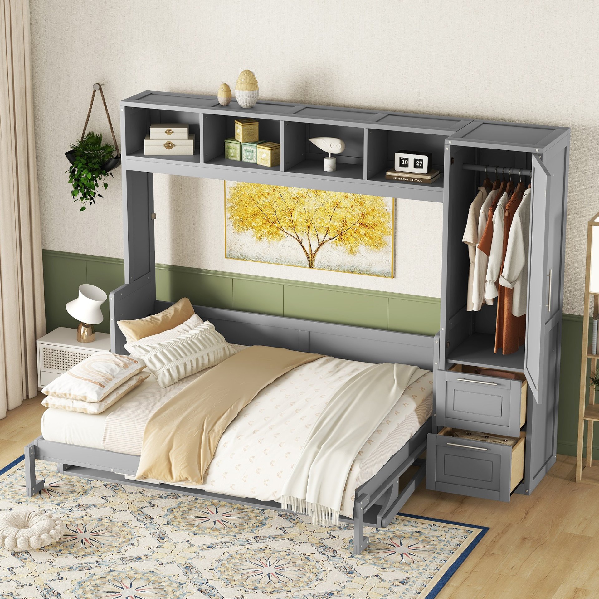 Queen Size Murphy Wall Bed With Closet And Drawers - Gray - Image 4