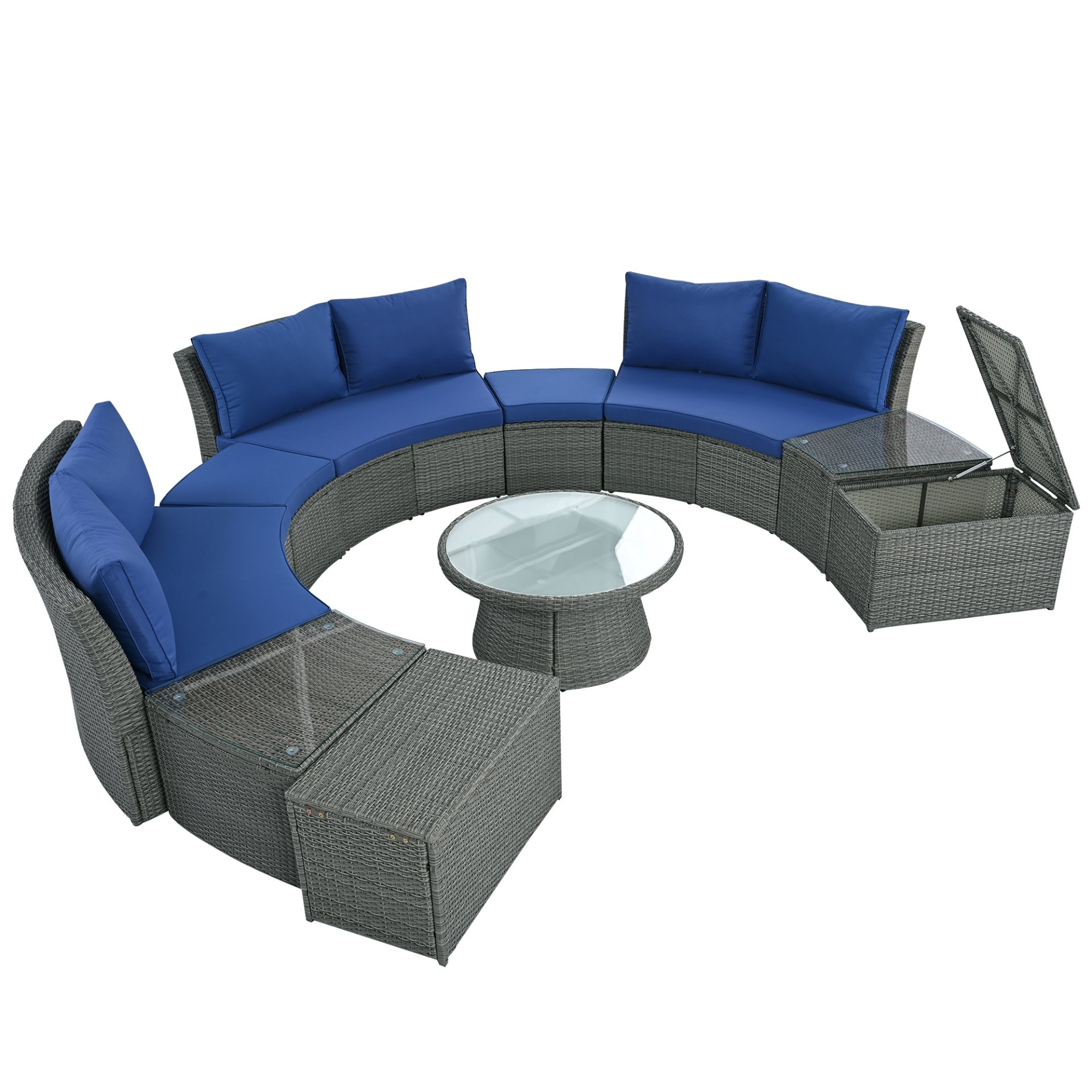 10 Piece Outdoor Sectional Half Round Patio Rattan Sofa Set, Wicker Conversation Furniture Set For Free Combination - Blue - Image 14