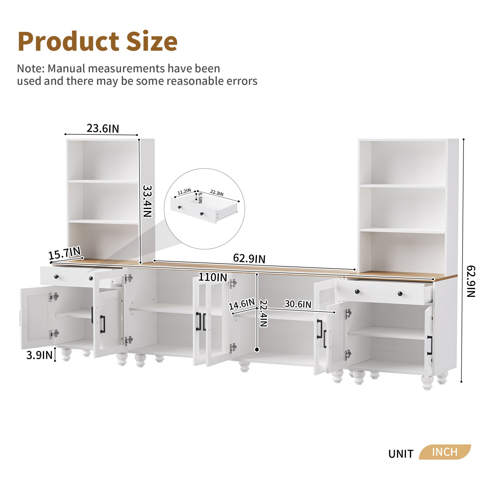 Farmhouse TV Stand With Solid Wood Gourd Shaped Legs For TVs Up To 70", Entertainment Center With Bookshelves & Tempered Glass Doors, Media Console With Adjustable Shelves, Living Room - White / Natural - Image 3