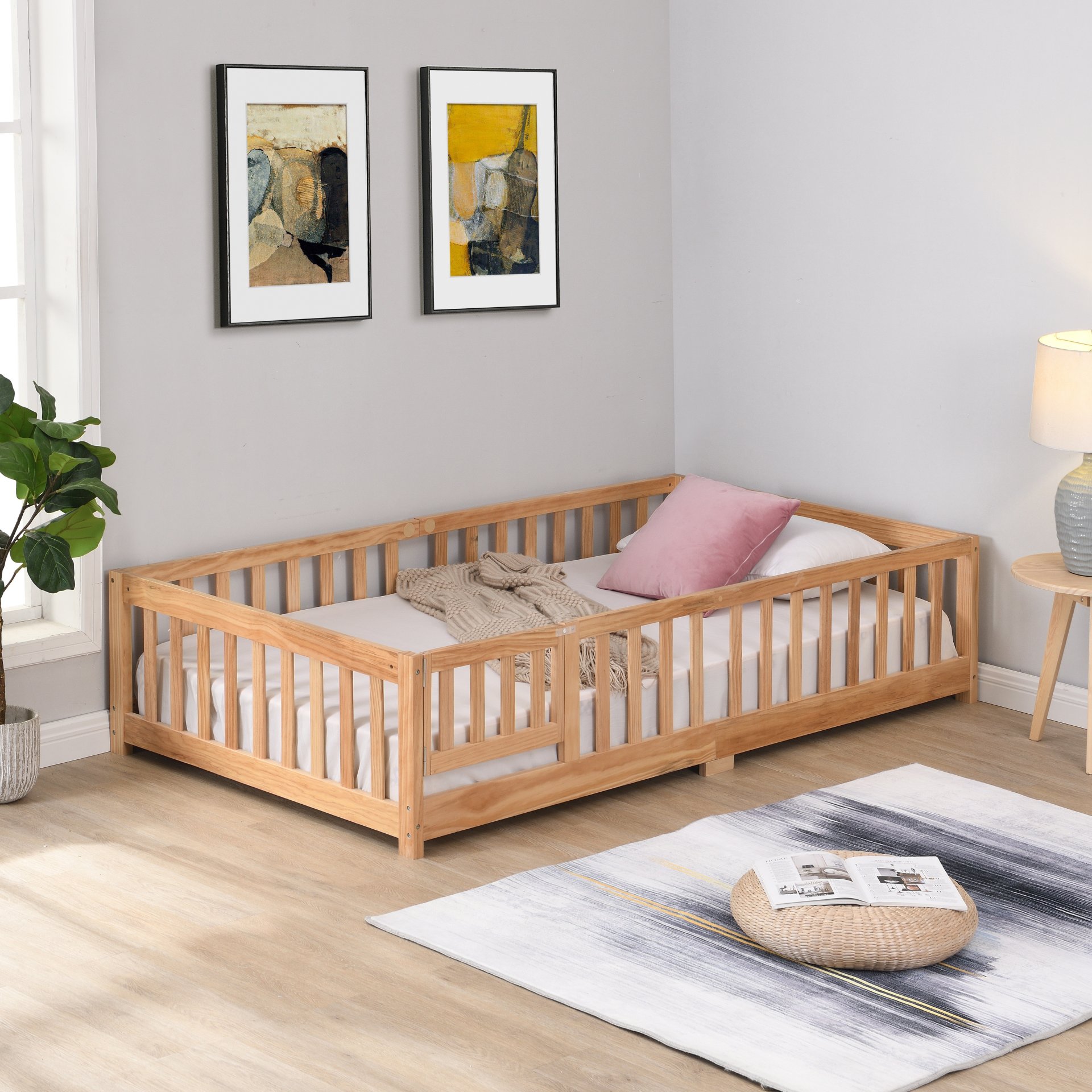 Solid Wood Full Size Floor Bed With Door And Safety Guardrails For Children - Natural - Image 2
