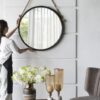 On Trend Hanging Round Mirror With Framed And With Rope Strap Contemporary Industrial Decor For Bathroom - Black - Image 3