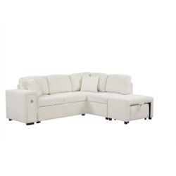 Sectional Sofa L-Shaped Sofa Couch Pull-Out Sofa Bed With A Movable Ottoman, Two USB Ports And Two Cup Holders For Living Room - Beige