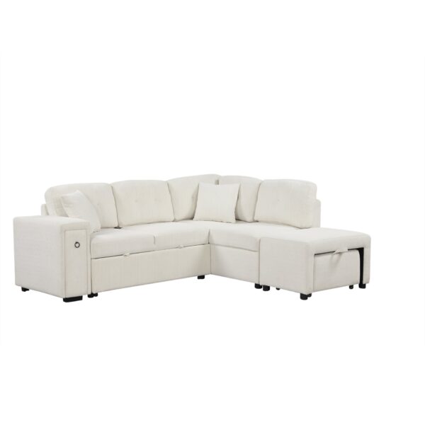 Sectional Sofa L-Shaped Sofa Couch Pull-Out Sofa Bed With A Movable Ottoman, Two USB Ports And Two Cup Holders For Living Room - Beige