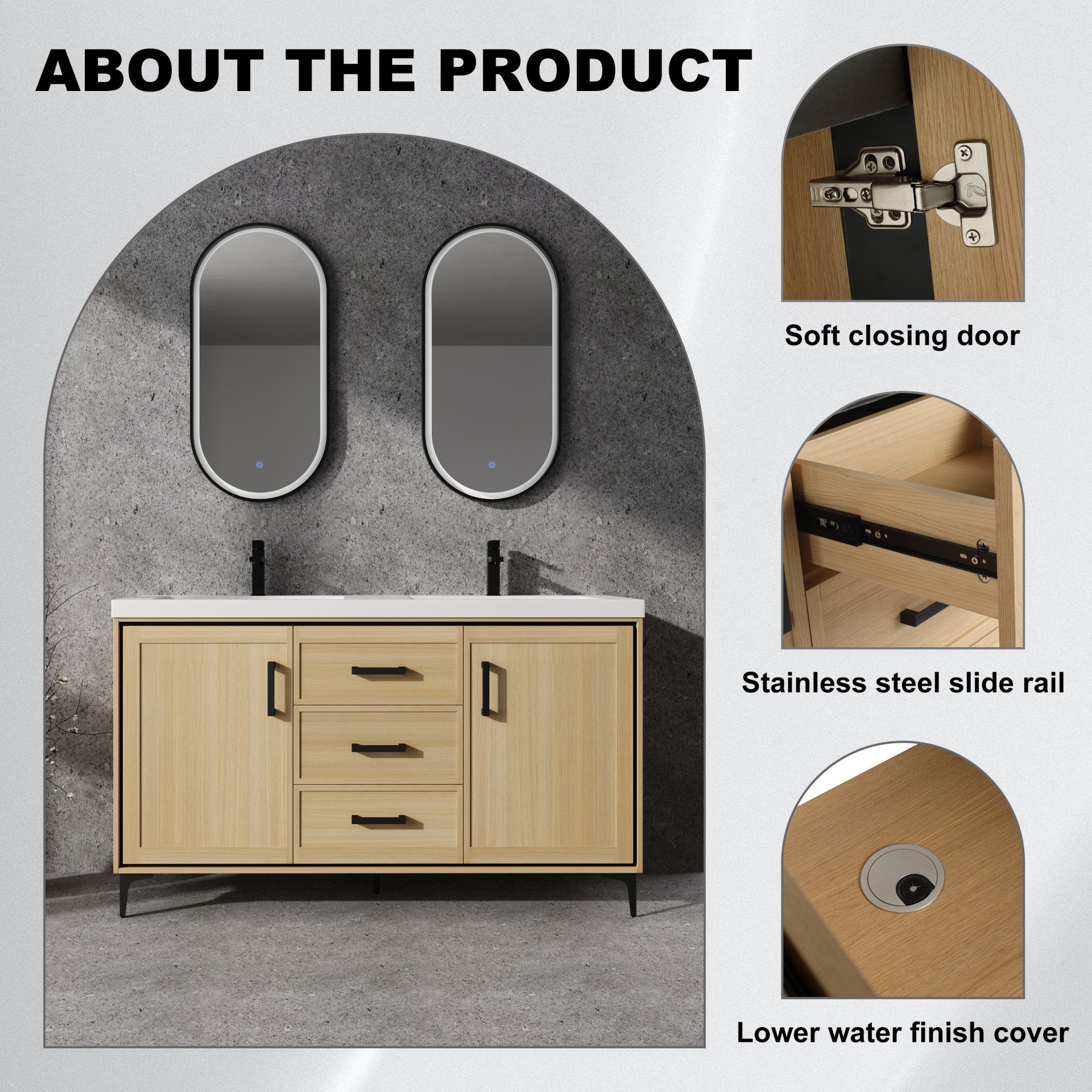 Original 60" Freestanding Bathroom Vanity With Double Resin Sink Plywood Soft Closing Doors & Drawers - Oak - Image 2