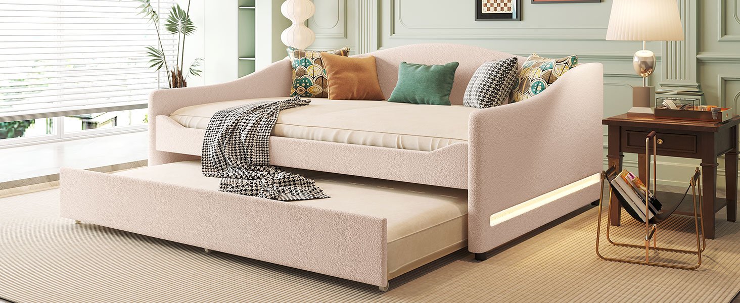 Full Size Upholstered Daybed With Light And Trundle - Beige - Image 14