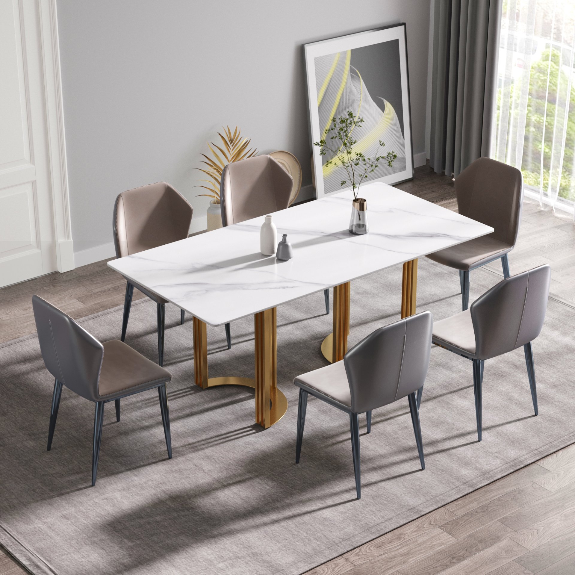 70.87" Modern Artificial Stone White Straight Edge Golden Metal Leg Dining Table, Can Accommodate 6-8 People - White / Gold - Image 2