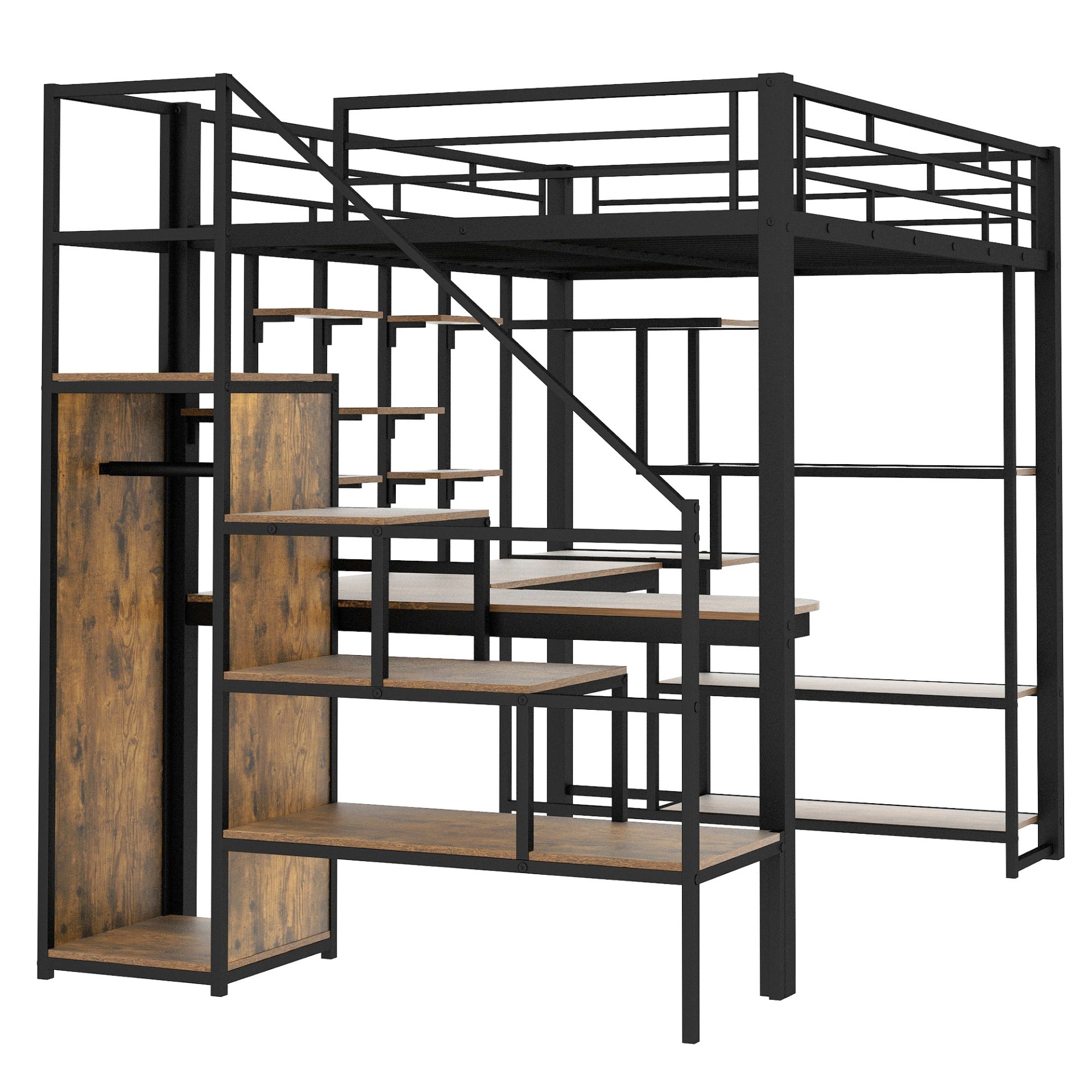 Full Size Metal Loft Bed With Storage Staircase And Small Wardrobe, Built - In Desk And Storage Shelves - Black - Image 7