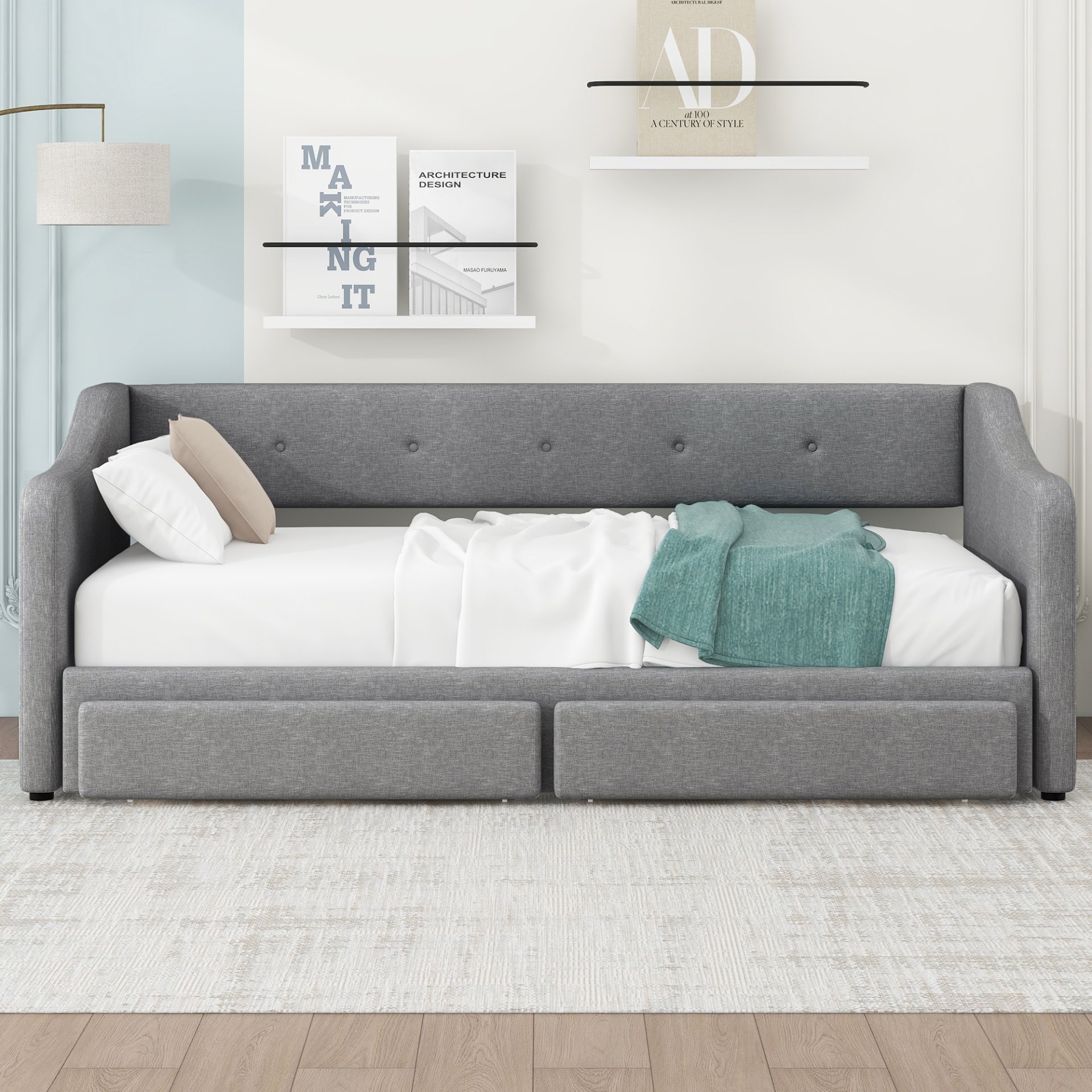 Twin Long To King Size Upholstered Daybed With 2 Drawers, Foam-Padded Sides And Back - Gray - Image 5