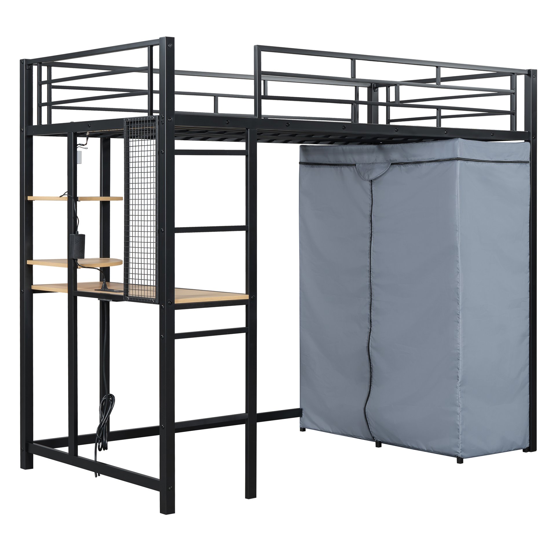 Twin Size Loft Bed With Desk, Shelves, Power Outlet, LED Light And Wardrobe - Black - Image 4