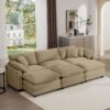 Oversized Modular Cushion Sofa Set & Portable Ottoman L Shaped Corner Low Back Deep Seating In Corduroy - Tan - Image 11