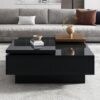 Movable Top Coffee Table, Modern Square Wood Coffee Table With High Gloss Finish, 4 Hidden Storage Drawers For Living Room - Black - Image 2