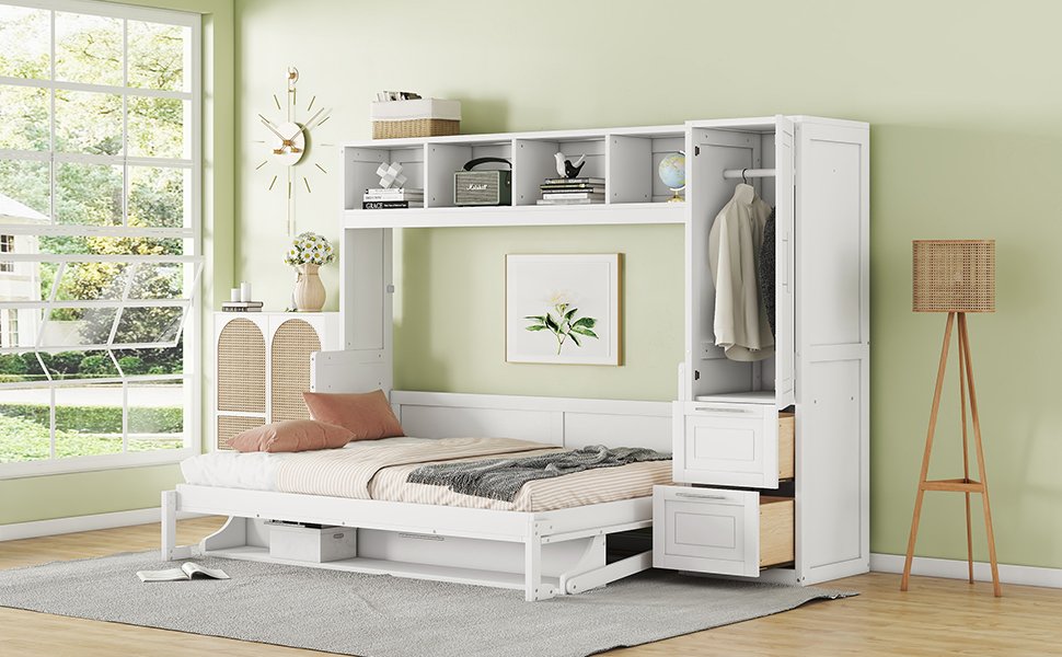 Full Size Murphy Wall Bed With Closet And Drawers - White - Image 18