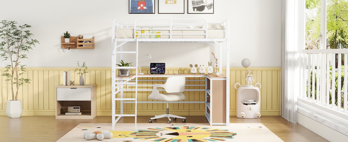 Full Size Loft Bed With 3 Layers Of Shelves And L-Shaped Desk - White - Image 17