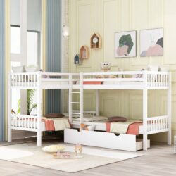 Twin L Shaped Bunk Bed With Drawers - White