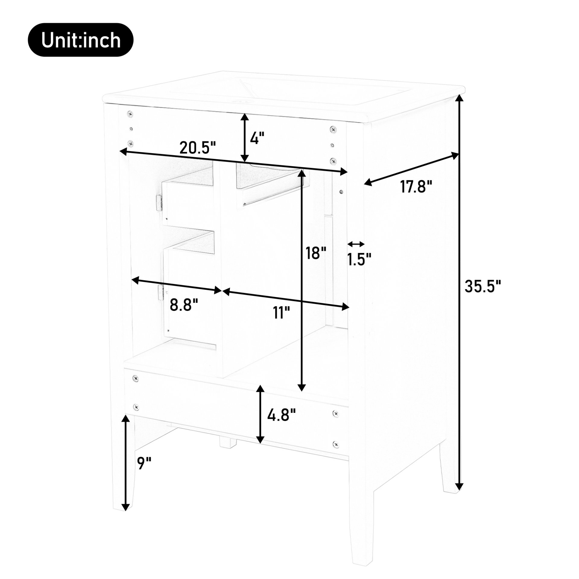 Retro Bathroom Vanity With Sink, Soft Closing Cabinet & Drawers - White - Image 10