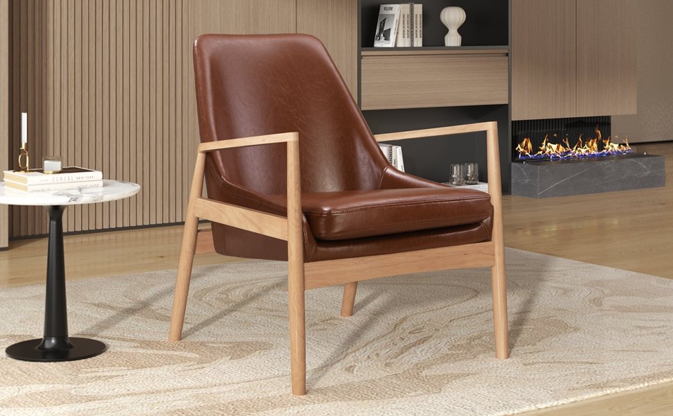 Accent Chair, Mid-Century Modern Armchair With Solid Wood Frame, Reading Leisure Chair With High Back For Living Room - Brown - Image 3