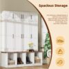 Farmhouse Hall Tree With 4 Hidden Hanging Hooks, Versatile Seating Bench With 8 Doors, Entryway Shoe Cabinet With Open Compartments For Living Room - White - Image 8