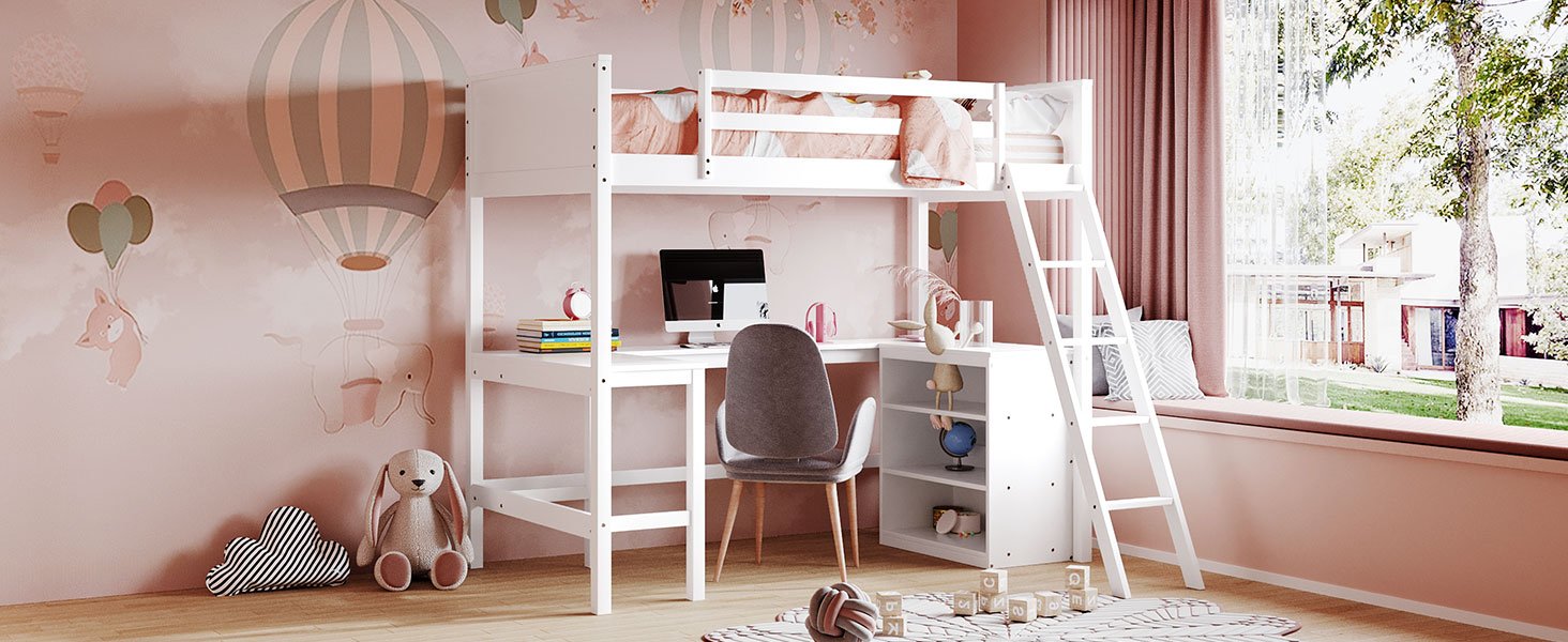 Twin Size Loft Bed With Shelves With Desk - White - Image 17