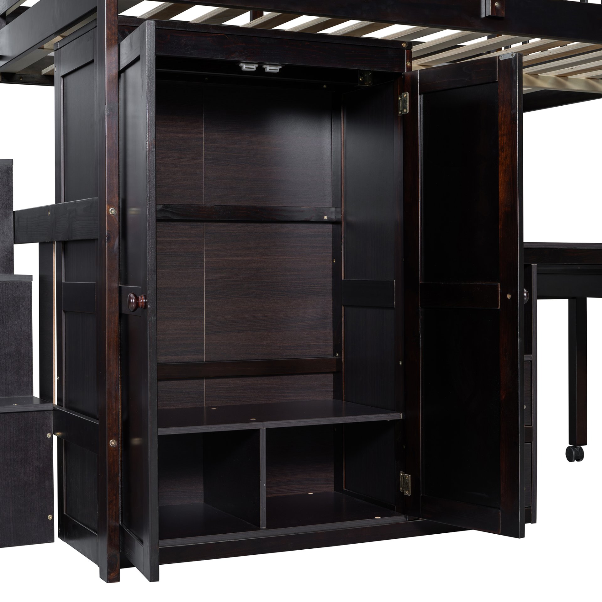 Full Size Loft Bed With Stairs, Bookshelf, Drawers, Desk & Wardrobe, Space Saving Multifunctional Furniture - Espresso - Image 12