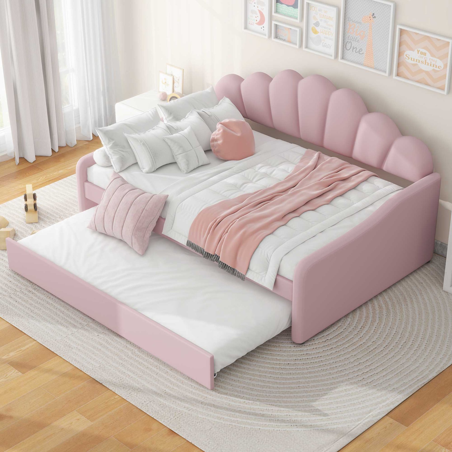 Full Size Upholstery Daybed Frame With Shell Shaped Backrest And Trundle - Pink - Image 2