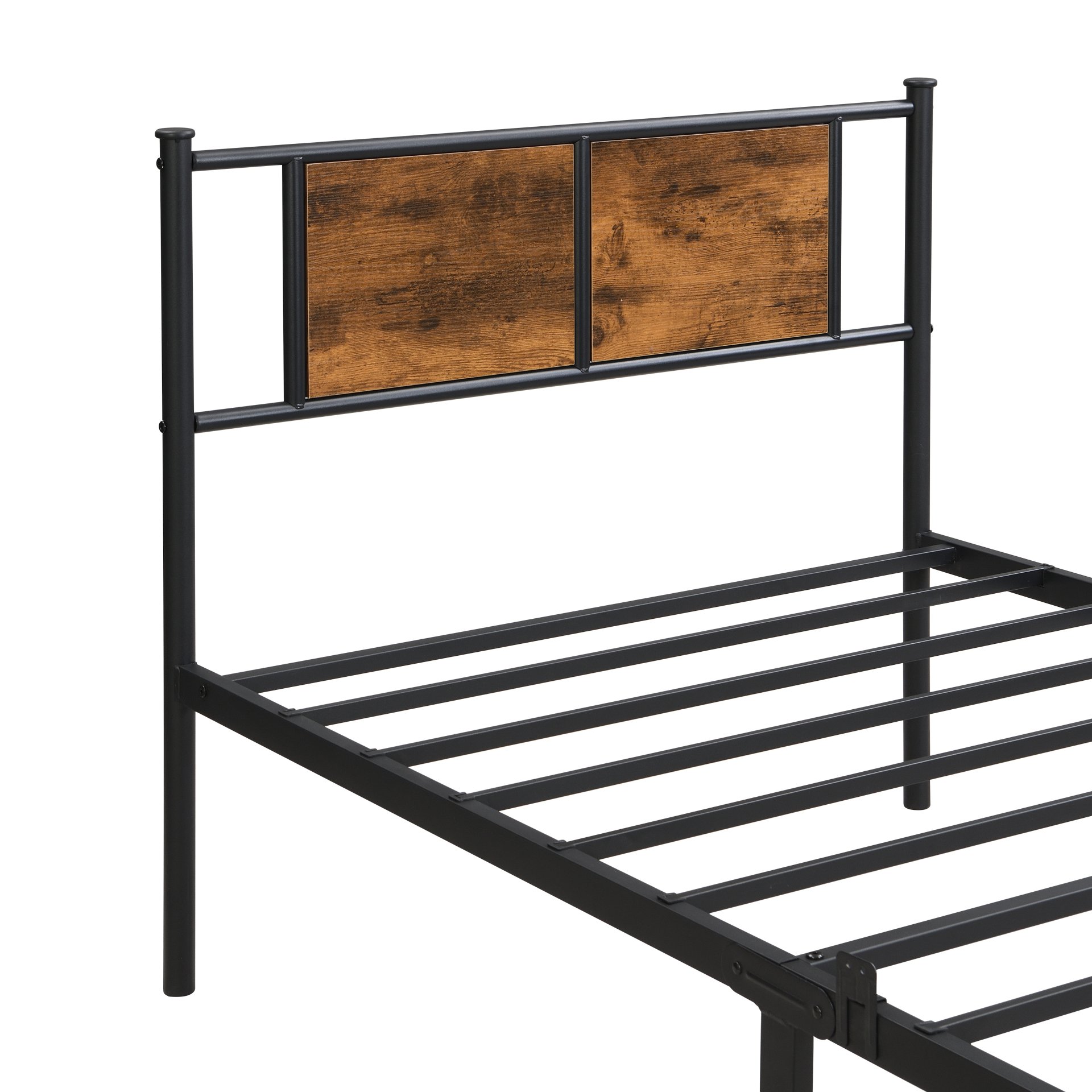 Modern Twin Size Metal Bedframe With Wood Panel Headboard - Black / Brown - Image 10