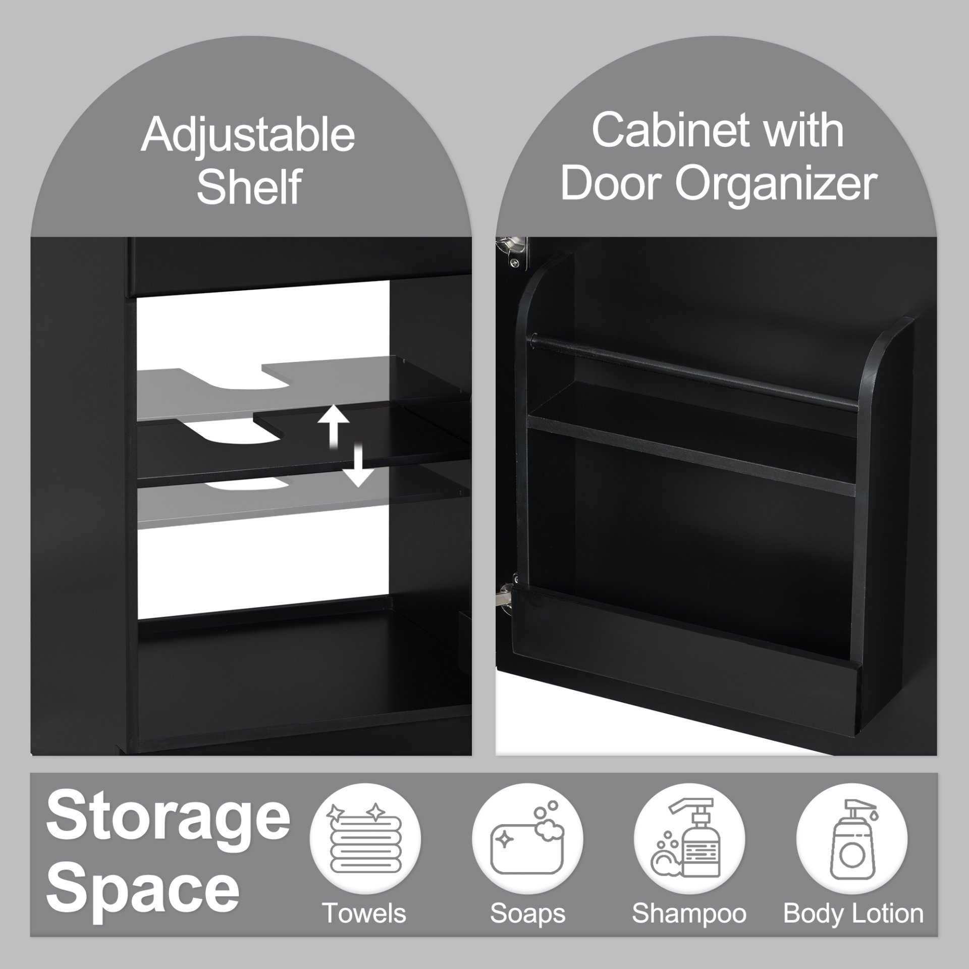 20" Bathroom Vanity With Sink, Freestanding Cabinet With Door Shelf And Adjustable Shelf, And Ceramic Construction - Black - Image 6