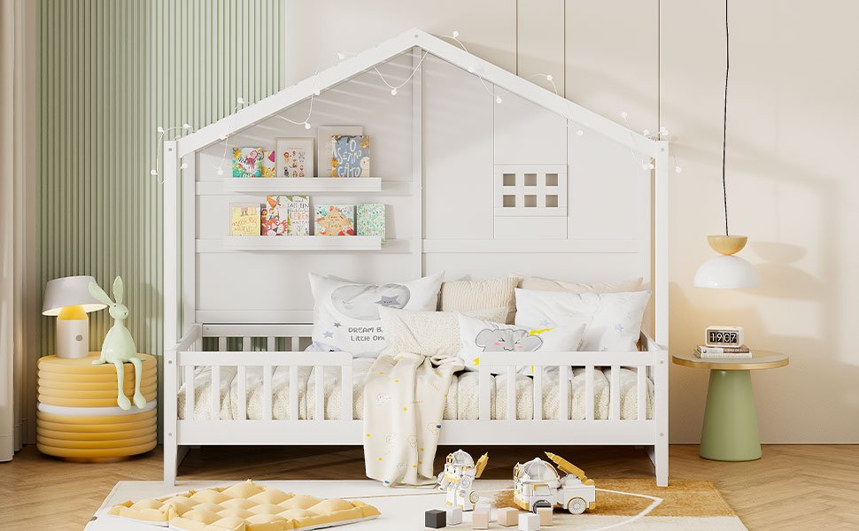 Twin Size House Bed With Shelves, Window And Sparkling Light Strip On The Roof - White - Image 21
