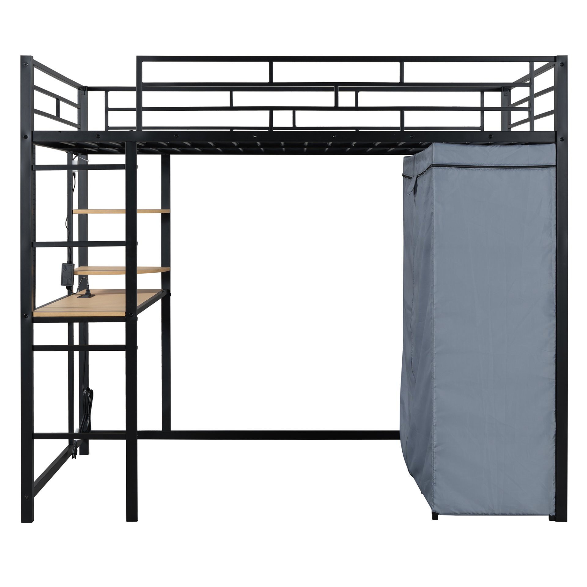 Full Size Loft Bed With Desk, Shelves, Power Outlet, LED Light And Wardrobe - Black - Image 8