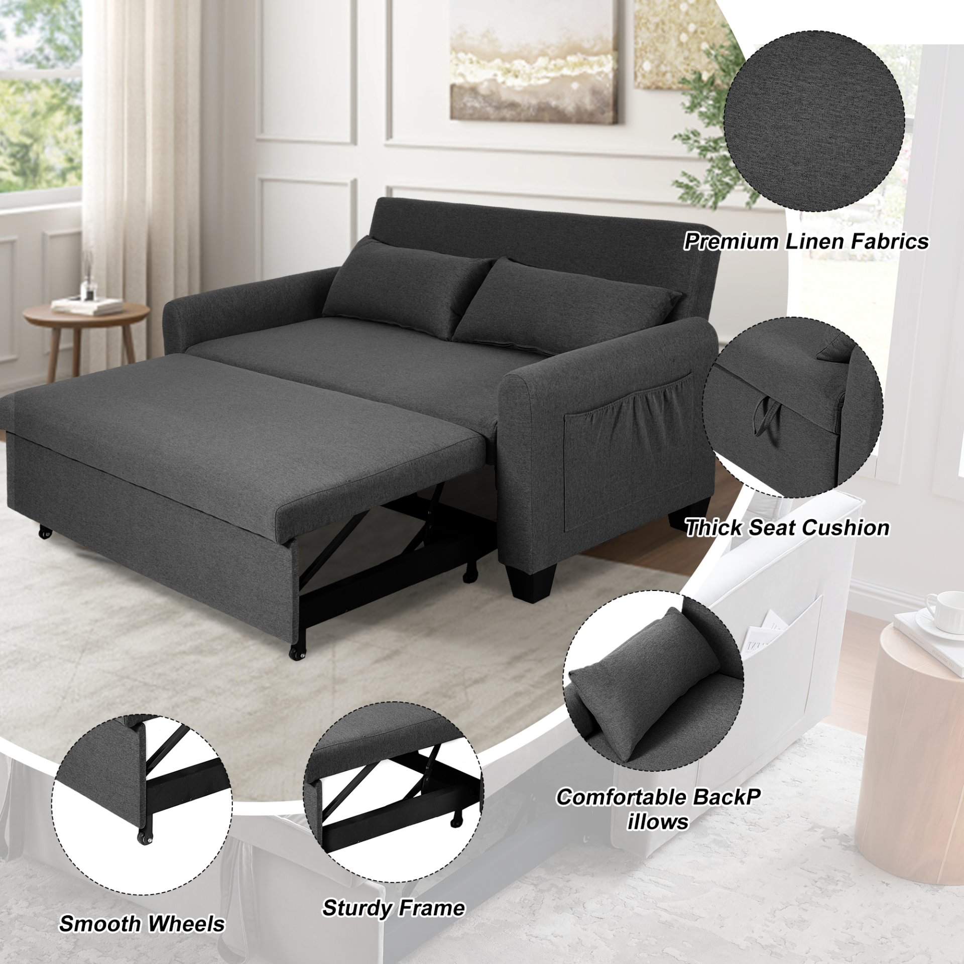 Extra Large 2 In 1 Sofa Bed With Storage, Adjustable Backrest - Gray - Image 5