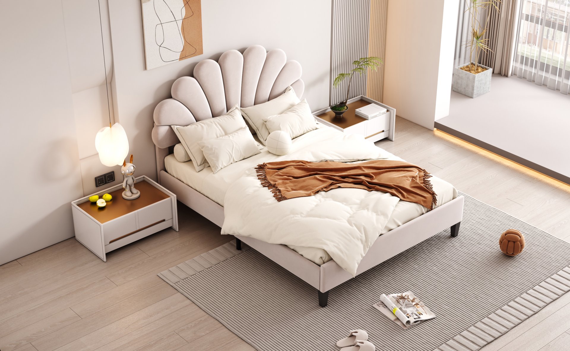 Full Size Upholstered Platform Bed With Flower Pattern Headboard - Beige - Image 15