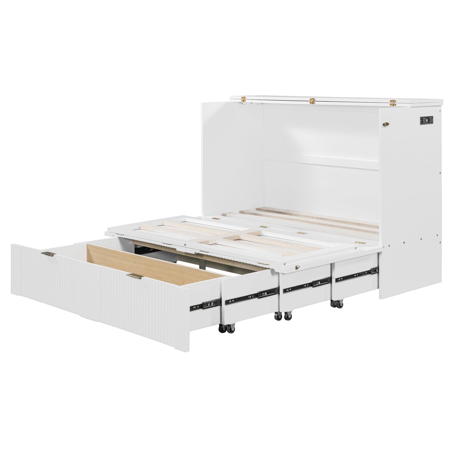 Full Size Murphy Bed With Drawer And A Set Of Sockets & USB Ports, Pulley Structure Design - White - Image 4