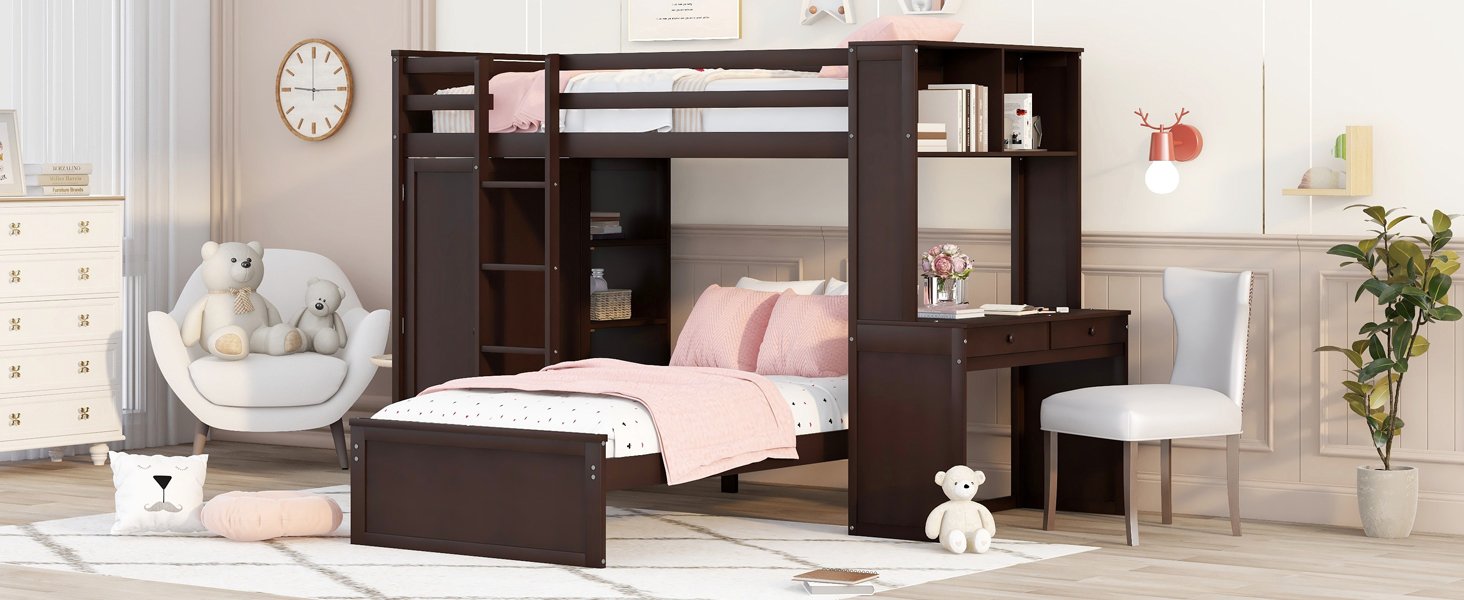Twin Size Loft Bed With A Stand Alone Bed, Shelves, Desk, And Wardrobe - Espresso - Image 23