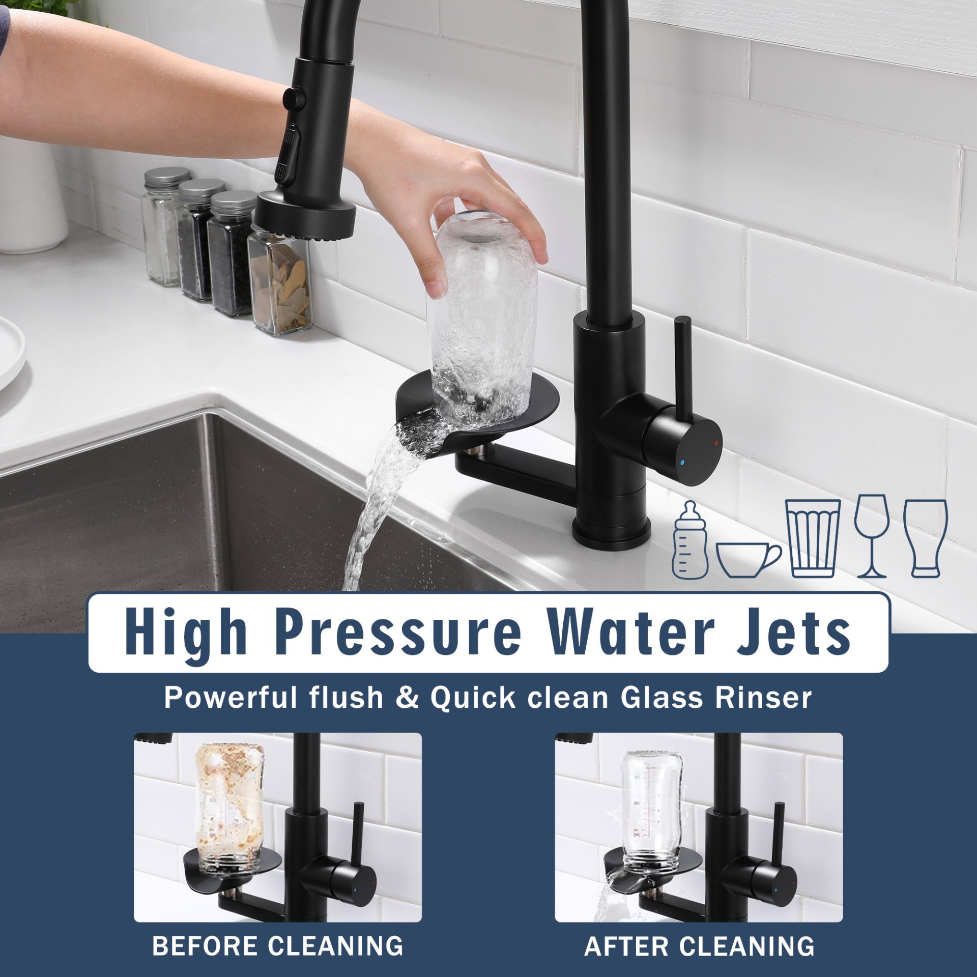 3 In 1 Kitchen Faucet With Press Type Glass Rinser, High Arc Pull Down Sprayer, 3 Function Spray Mode - Matte Black - Image 4