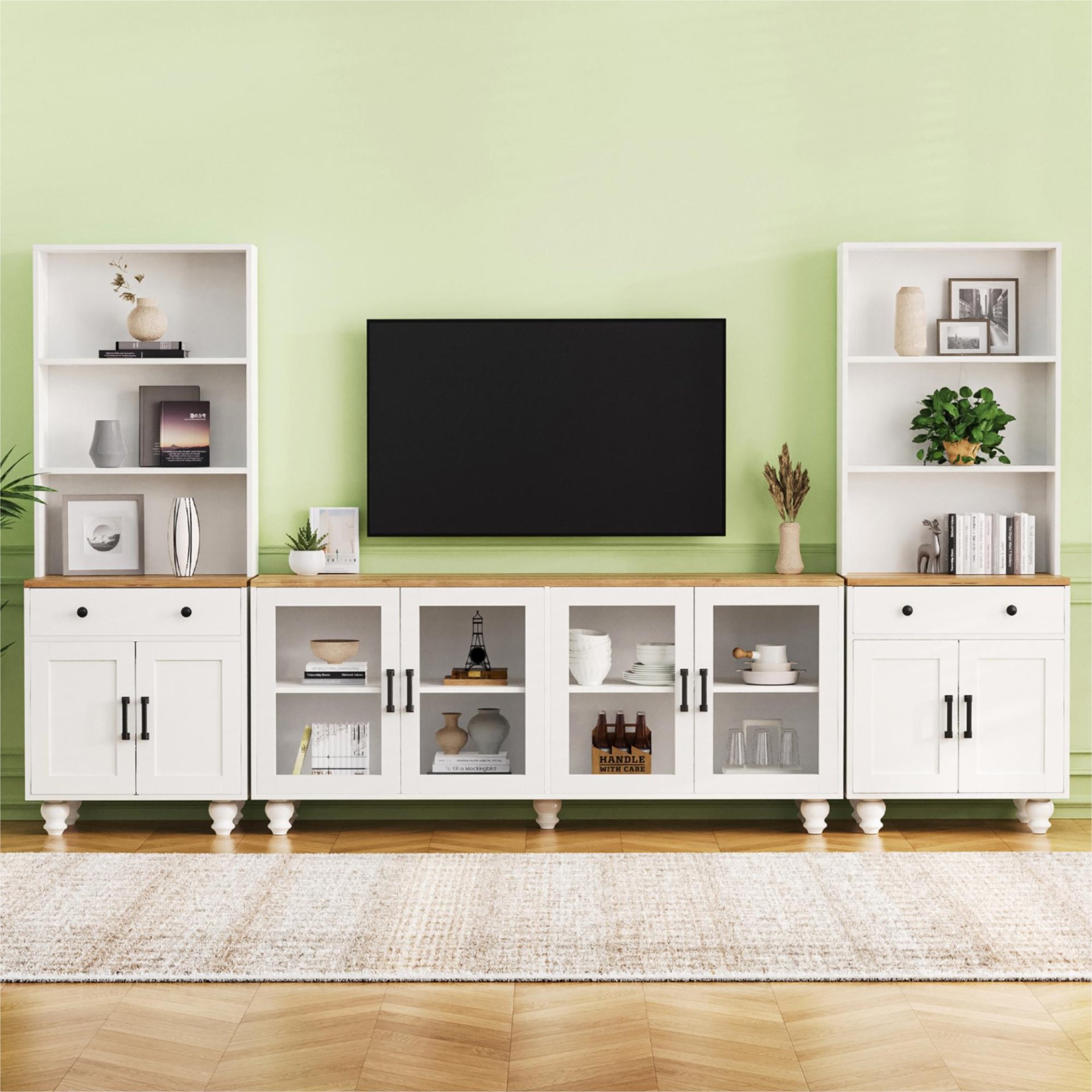 Farmhouse TV Stand With Solid Wood Gourd Shaped Legs For TVs Up To 70", Entertainment Center With Bookshelves & Tempered Glass Doors, Media Console With Adjustable Shelves, Living Room - White / Natural - Image 4